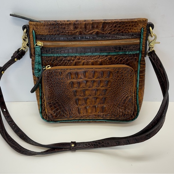 Brahmin Cleo Cocoa Melbourne Crossbody Leather Croc Embossed Bag Blue Trim - Picture 2 of 7